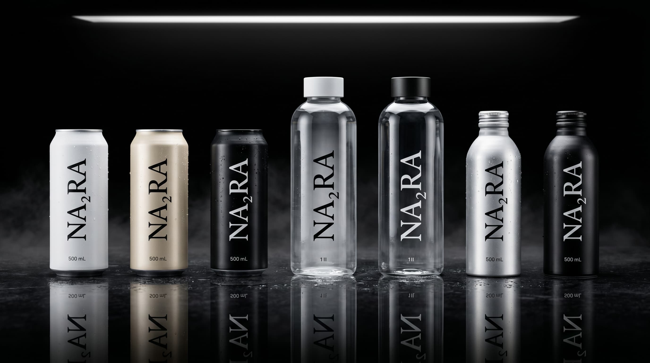The NA₂RA lineup — matte white, light gold, and black cans; 1 L glass Table Edition bottles; silver and black aluminum bottles